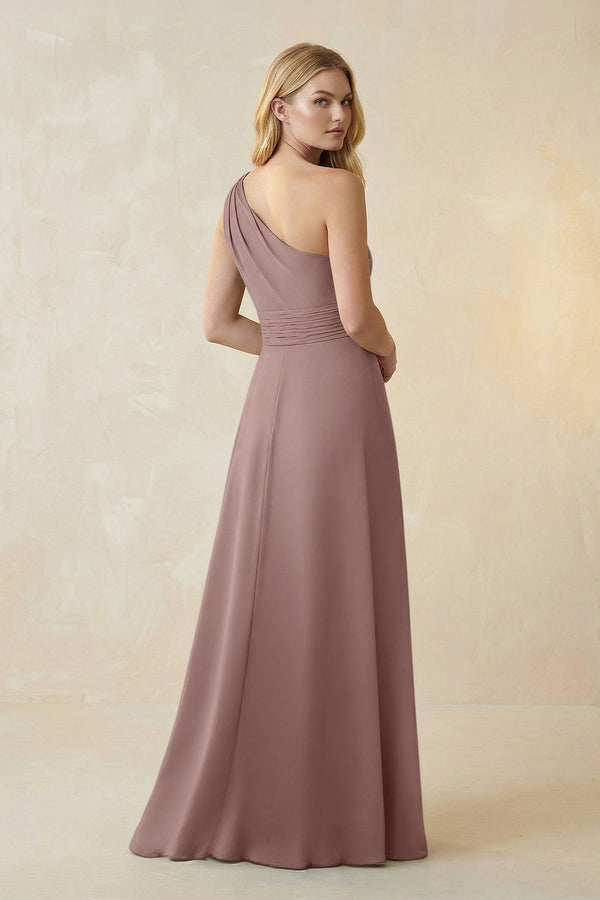 One - Shoulder Ruched A - Line Satin Bridesmaid Dress in Toffee - KISS BRIDAL Bridesmaid Dresses