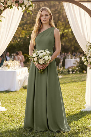 One - Shoulder Ruched A - Line Satin Bridesmaid Dress in Willow Green - SHE IS ME Bridesmaid Dresses