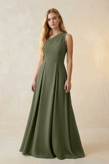 One - Shoulder Ruched A - Line Satin Bridesmaid Dress in Willow Green - KISS BRIDAL Bridesmaid Dresses