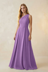 One - Shoulder Ruched A - Line Satin Bridesmaid Dress in Wisteria - KISS BRIDAL Bridesmaid Dresses