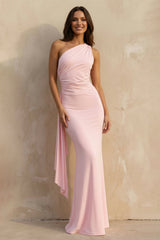 One Shoulder Ruched Cutout Back Gown in Pink - KISS BRIDAL
