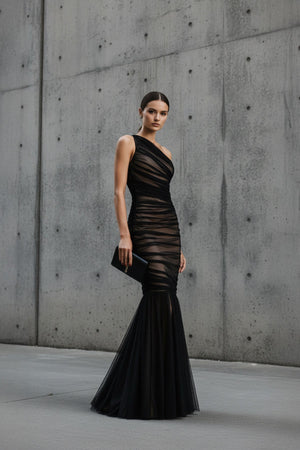 One Shoulder Ruched Mermaid Maxi Dress in Black - SHE IS ME
