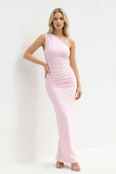One Shoulder Ruched Sheath Maxi Dress in Blush - KISS BRIDAL PROM DRESSES