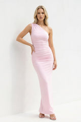 One Shoulder Ruched Sheath Maxi Dress in Blush - KISS BRIDAL PROM DRESSES