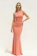 One Shoulder Ruched Sheath Maxi Dress in Coral Pink - KISS BRIDAL PROM DRESSES