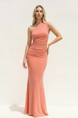 One Shoulder Ruched Sheath Maxi Dress in Coral Pink - KISS BRIDAL PROM DRESSES