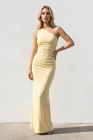 One Shoulder Ruched Sheath Maxi Dress in Yellow - SHE IS ME PROM DRESSES