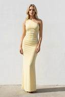 One Shoulder Ruched Sheath Maxi Dress in Yellow - KISS BRIDAL PROM DRESSES