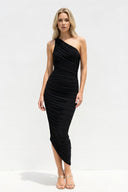 One Shoulder Ruched Sheath Midi Dress in Black - KISSBRIDAL