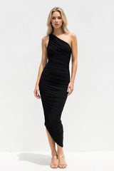 One Shoulder Ruched Sheath Midi Dress in Black - KISSBRIDAL