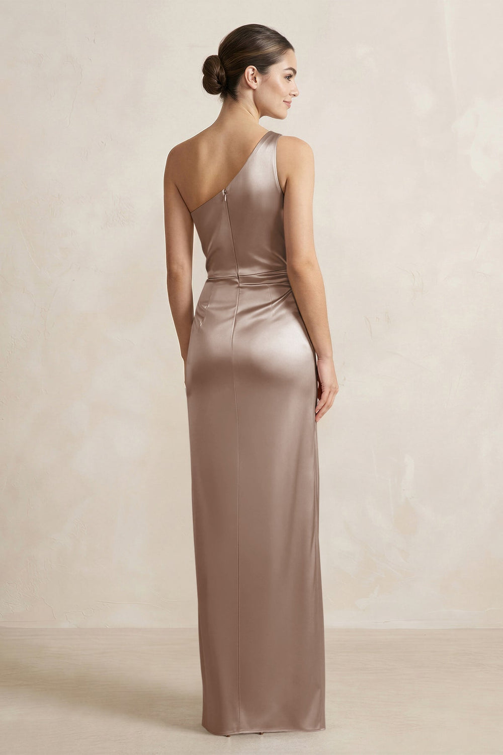 One - Shoulder Ruched Sheath Satin Bridesmaid Dress in Almond - KISS BRIDAL Bridesmaid Dresses