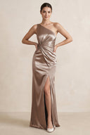 One - Shoulder Ruched Sheath Satin Bridesmaid Dress in Almond - KISS BRIDAL Bridesmaid Dresses