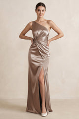 One - Shoulder Ruched Sheath Satin Bridesmaid Dress in Almond - KISS BRIDAL Bridesmaid Dresses