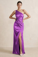 One - Shoulder Ruched Sheath Satin Bridesmaid Dress in Amethyst - SHE IS ME Bridesmaid Dresses
