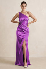 One - Shoulder Ruched Sheath Satin Bridesmaid Dress in Amethyst - KISS BRIDAL Bridesmaid Dresses