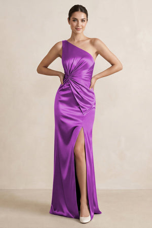 One - Shoulder Ruched Sheath Satin Bridesmaid Dress in Amethyst - SHE IS ME Bridesmaid Dresses