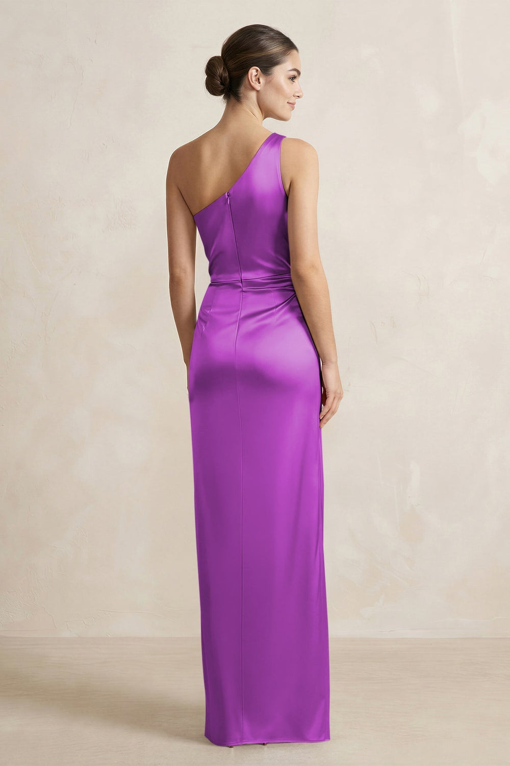 One - Shoulder Ruched Sheath Satin Bridesmaid Dress in Amethyst - KISS BRIDAL Bridesmaid Dresses