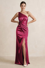 One - Shoulder Ruched Sheath Satin Bridesmaid Dress in Berry - KISS BRIDAL Bridesmaid Dresses