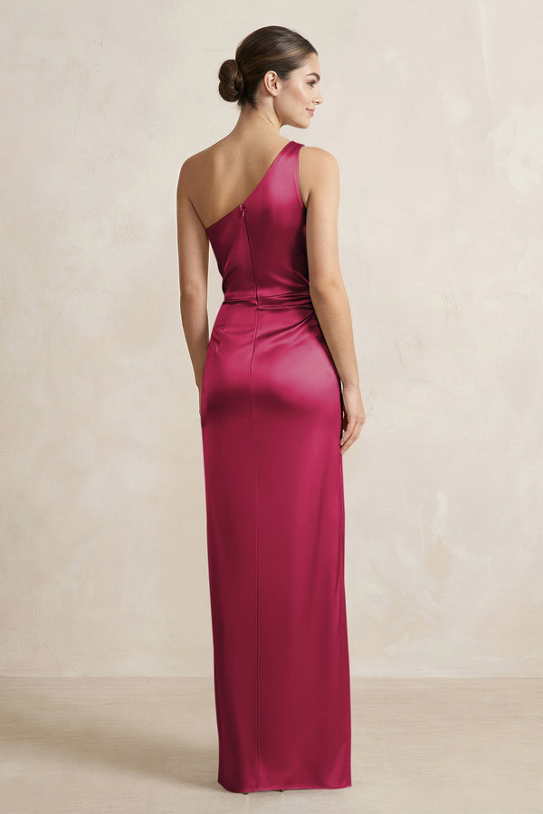 One - Shoulder Ruched Sheath Satin Bridesmaid Dress in Berry - KISS BRIDAL Bridesmaid Dresses