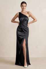 One - Shoulder Ruched Sheath Satin Bridesmaid Dress in Black - KISS BRIDAL Bridesmaid Dresses