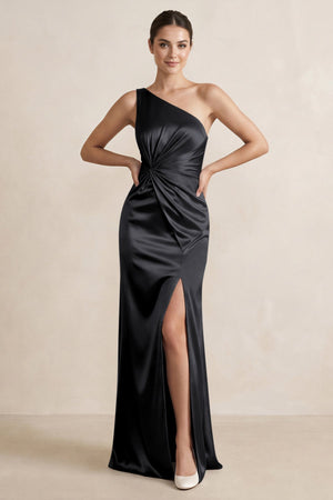 One - Shoulder Ruched Sheath Satin Bridesmaid Dress in Black - SHE IS ME Bridesmaid Dresses