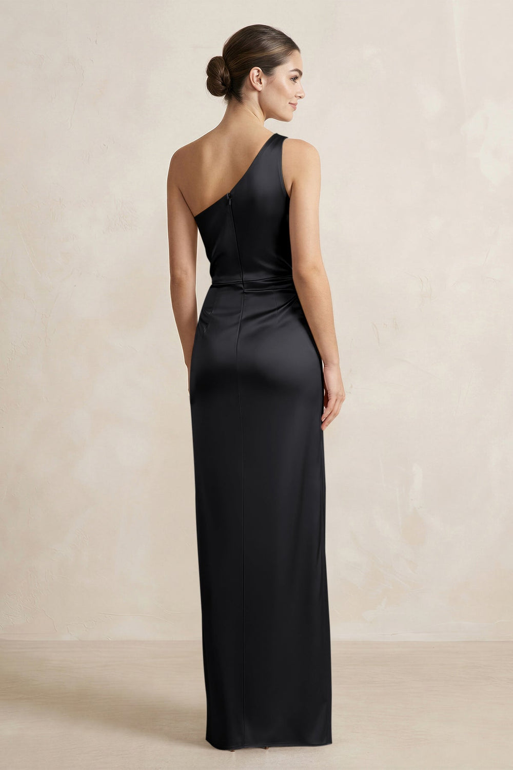 One - Shoulder Ruched Sheath Satin Bridesmaid Dress in Black - KISS BRIDAL Bridesmaid Dresses