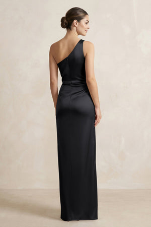 One - Shoulder Ruched Sheath Satin Bridesmaid Dress in Black - SHE IS ME Bridesmaid Dresses