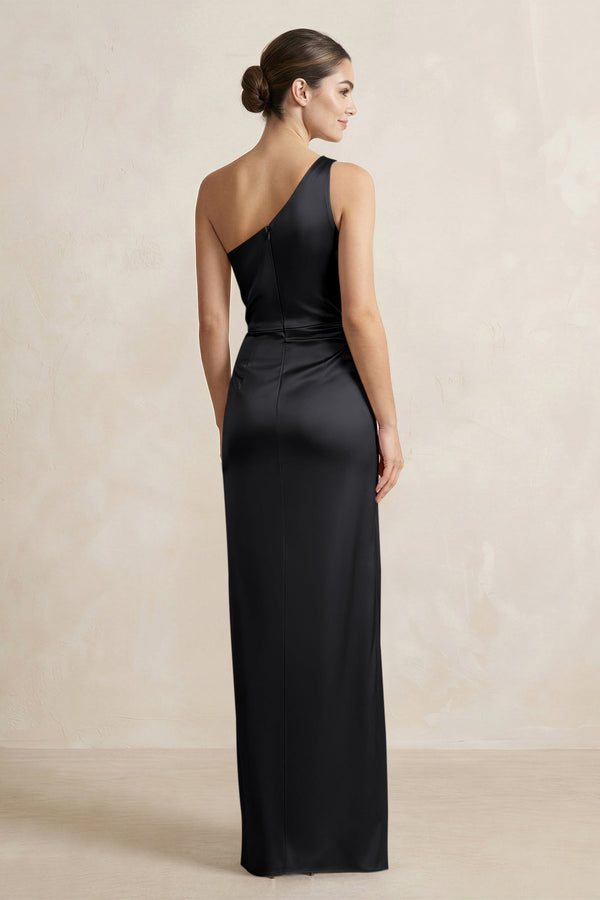 One - Shoulder Ruched Sheath Satin Bridesmaid Dress in Black - SHE IS ME Bridesmaid Dresses