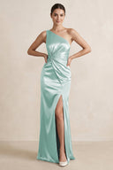 One - Shoulder Ruched Sheath Satin Bridesmaid Dress in Bleached Aqua - SHE IS ME Bridesmaid Dresses