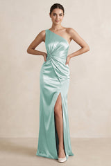 One - Shoulder Ruched Sheath Satin Bridesmaid Dress in Bleached Aqua - KISS BRIDAL Bridesmaid Dresses