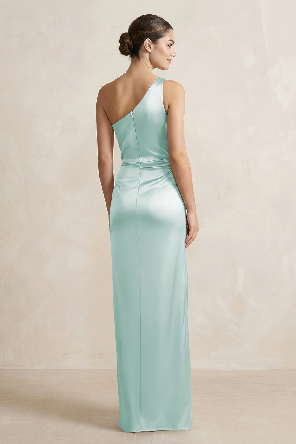 One - Shoulder Ruched Sheath Satin Bridesmaid Dress in Bleached Aqua - KISS BRIDAL Bridesmaid Dresses