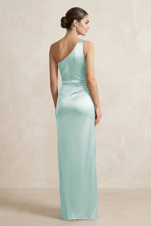 One - Shoulder Ruched Sheath Satin Bridesmaid Dress in Bleached Aqua - SHE IS ME Bridesmaid Dresses