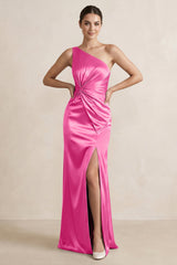 One - Shoulder Ruched Sheath Satin Bridesmaid Dress in Bon Bon Pink - KISS BRIDAL Bridesmaid Dresses