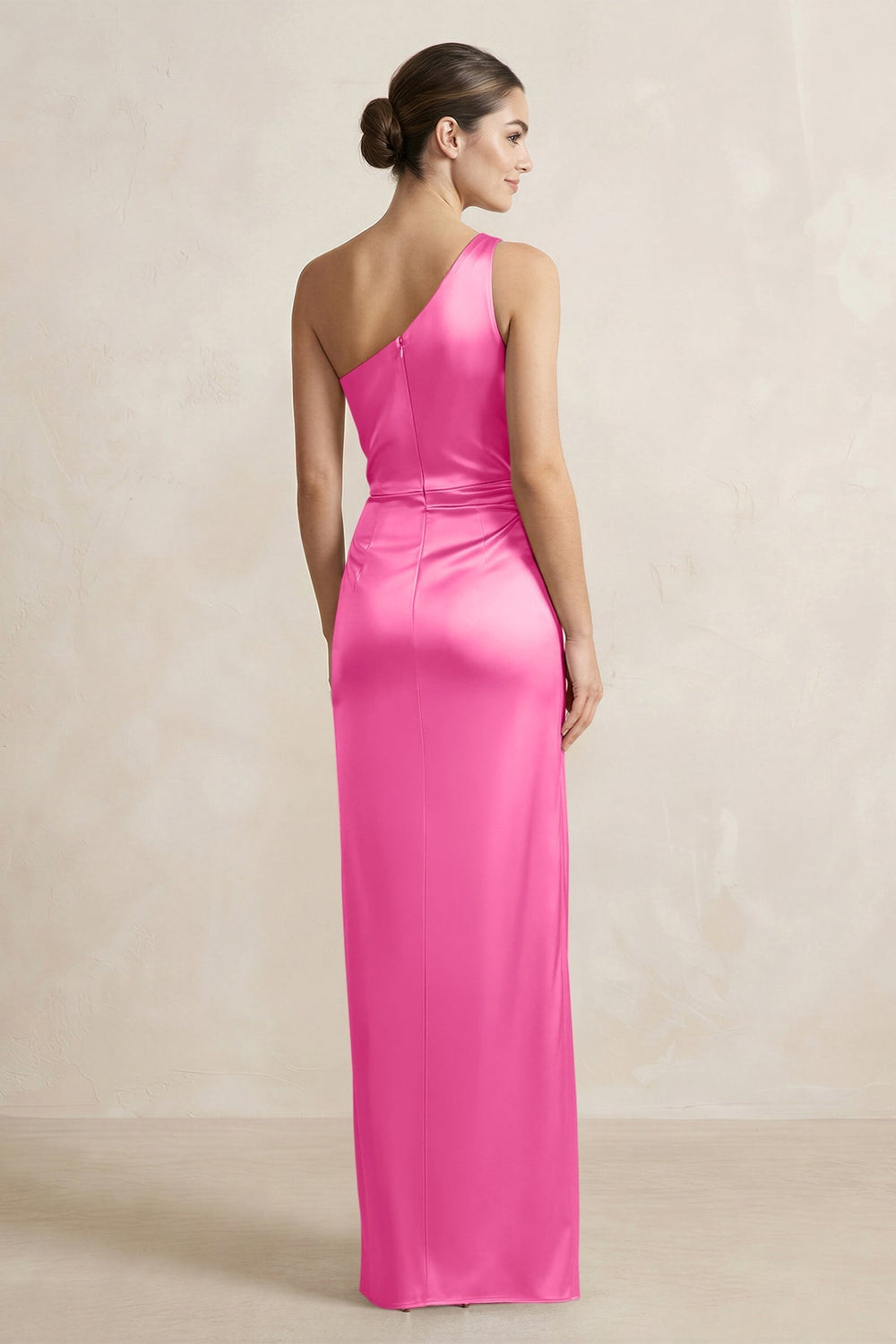 One - Shoulder Ruched Sheath Satin Bridesmaid Dress in Bon Bon Pink - KISS BRIDAL Bridesmaid Dresses