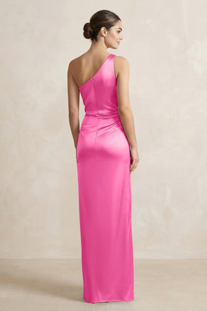 One - Shoulder Ruched Sheath Satin Bridesmaid Dress in Bon Bon Pink - KISS BRIDAL Bridesmaid Dresses