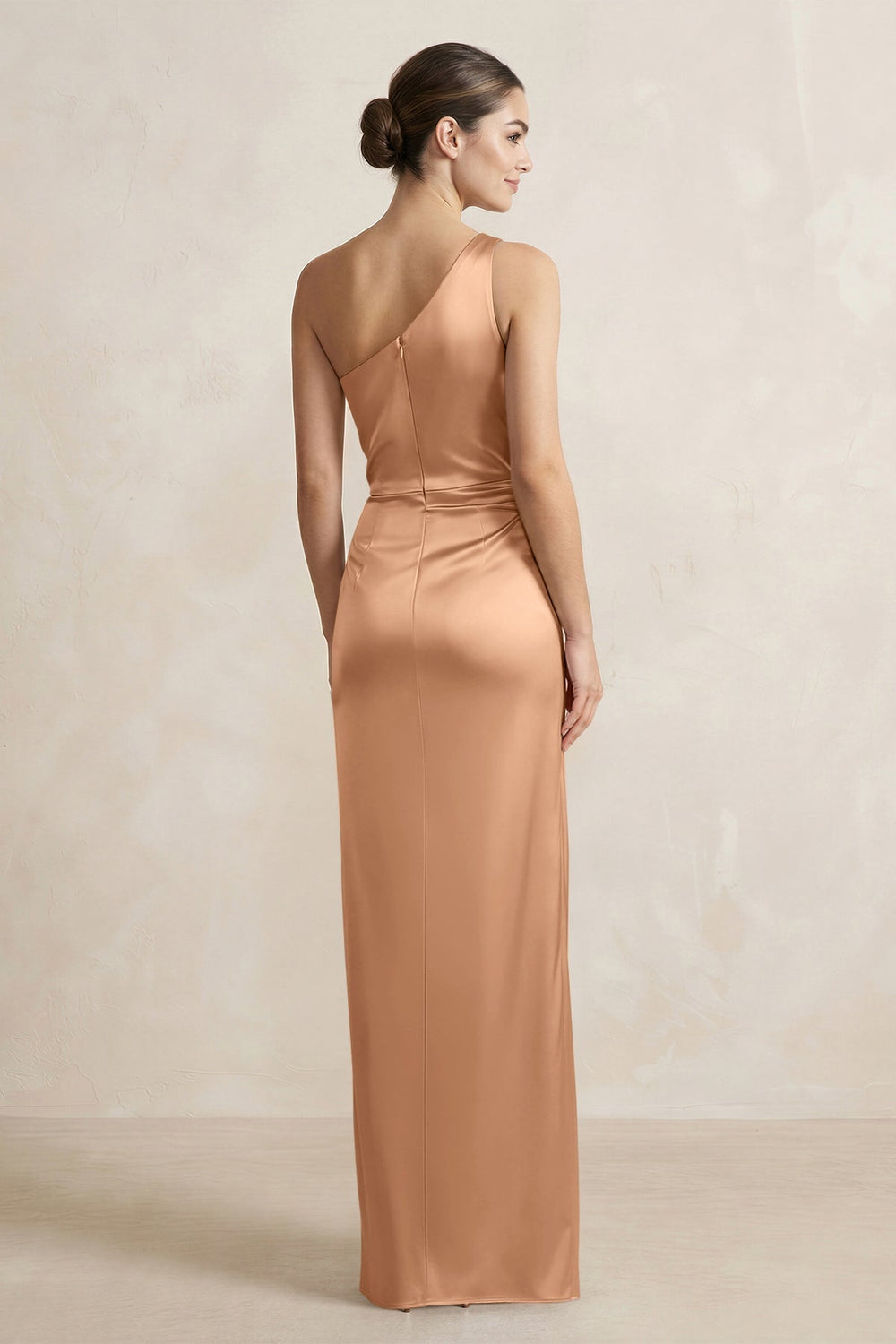One - Shoulder Ruched Sheath Satin Bridesmaid Dress in Bronzer - KISS BRIDAL Bridesmaid Dresses