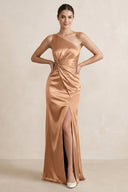 One - Shoulder Ruched Sheath Satin Bridesmaid Dress in Bronzer - SHE IS ME Bridesmaid Dresses