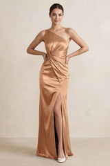 One - Shoulder Ruched Sheath Satin Bridesmaid Dress in Bronzer - KISS BRIDAL Bridesmaid Dresses