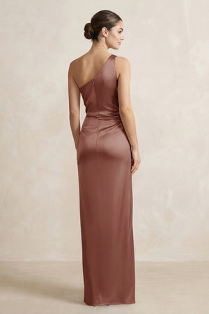 One - Shoulder Ruched Sheath Satin Bridesmaid Dress in Brown - SHE IS ME Bridesmaid Dresses