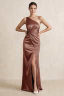 One - Shoulder Ruched Sheath Satin Bridesmaid Dress in Brown - SHE IS ME Bridesmaid Dresses
