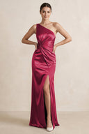 One - Shoulder Ruched Sheath Satin Bridesmaid Dress in Burgundy - KISS BRIDAL Bridesmaid Dresses