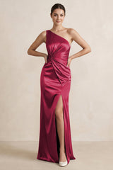 One - Shoulder Ruched Sheath Satin Bridesmaid Dress in Burgundy - KISS BRIDAL Bridesmaid Dresses