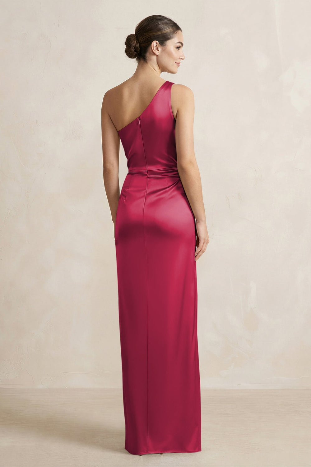One - Shoulder Ruched Sheath Satin Bridesmaid Dress in Burgundy - KISS BRIDAL Bridesmaid Dresses