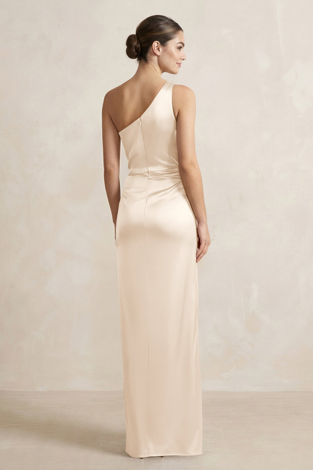 One - Shoulder Ruched Sheath Satin Bridesmaid Dress in Buttercream - KISS BRIDAL Bridesmaid Dresses
