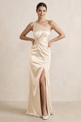 One - Shoulder Ruched Sheath Satin Bridesmaid Dress in Buttercream - KISS BRIDAL Bridesmaid Dresses