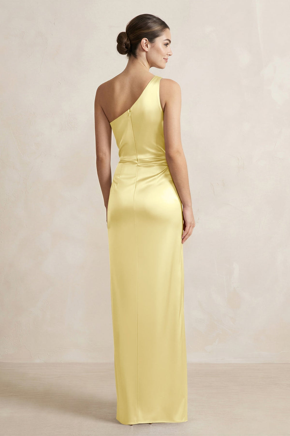 One - Shoulder Ruched Sheath Satin Bridesmaid Dress in Buttercup - KISS BRIDAL Bridesmaid Dresses