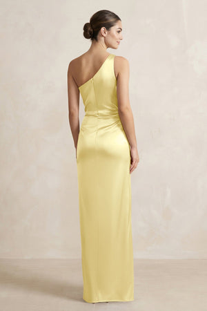 One - Shoulder Ruched Sheath Satin Bridesmaid Dress in Buttercup - KISS BRIDAL Bridesmaid Dresses