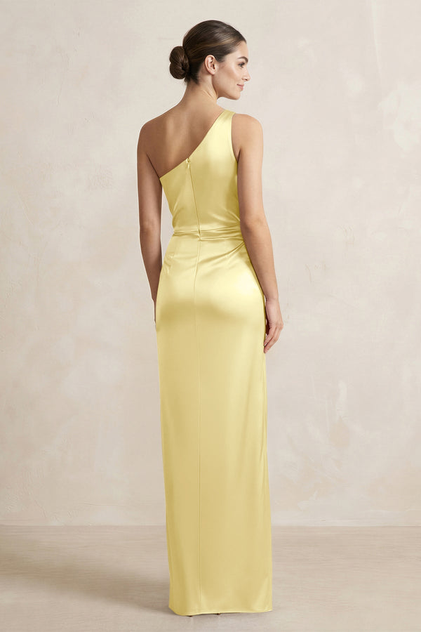 One - Shoulder Ruched Sheath Satin Bridesmaid Dress in Buttercup - KISS BRIDAL Bridesmaid Dresses
