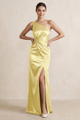 One - Shoulder Ruched Sheath Satin Bridesmaid Dress in Buttercup - KISS BRIDAL Bridesmaid Dresses