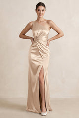 One - Shoulder Ruched Sheath Satin Bridesmaid Dress in Champagne - KISS BRIDAL Bridesmaid Dresses